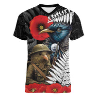 Kiwi-Tui Bird Soldier ANZAC Day Personalised Women V-Neck T-Shirt Maori Silver Fern Motif LT9 Female Black - Polynesian Pride