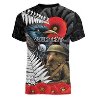 Kiwi-Tui Bird Soldier ANZAC Day Personalised Women V-Neck T-Shirt Maori Silver Fern Motif LT9 - Polynesian Pride
