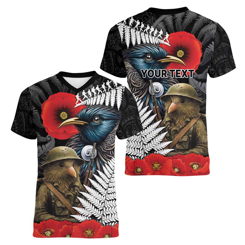 Kiwi-Tui Bird Soldier ANZAC Day Personalised Women V-Neck T-Shirt Maori Silver Fern Motif LT9 - Polynesian Pride
