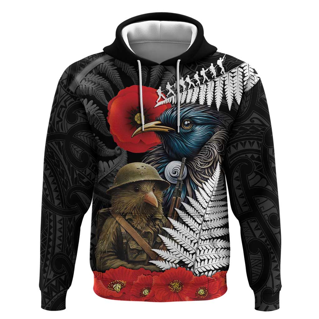 Kiwi-Tui Bird Soldier ANZAC Day Personalised Zip Hoodie Maori Silver Fern Motif LT9 Pullover Hoodie Black - Polynesian Pride