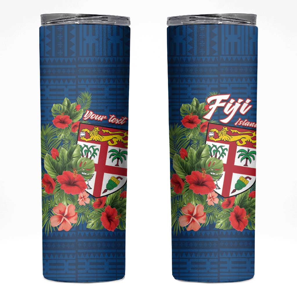 Personalised Fiji Island Tropical Flowers and Tapa Pattern Skinny Tumbler LT9 Blue - Polynesian Pride