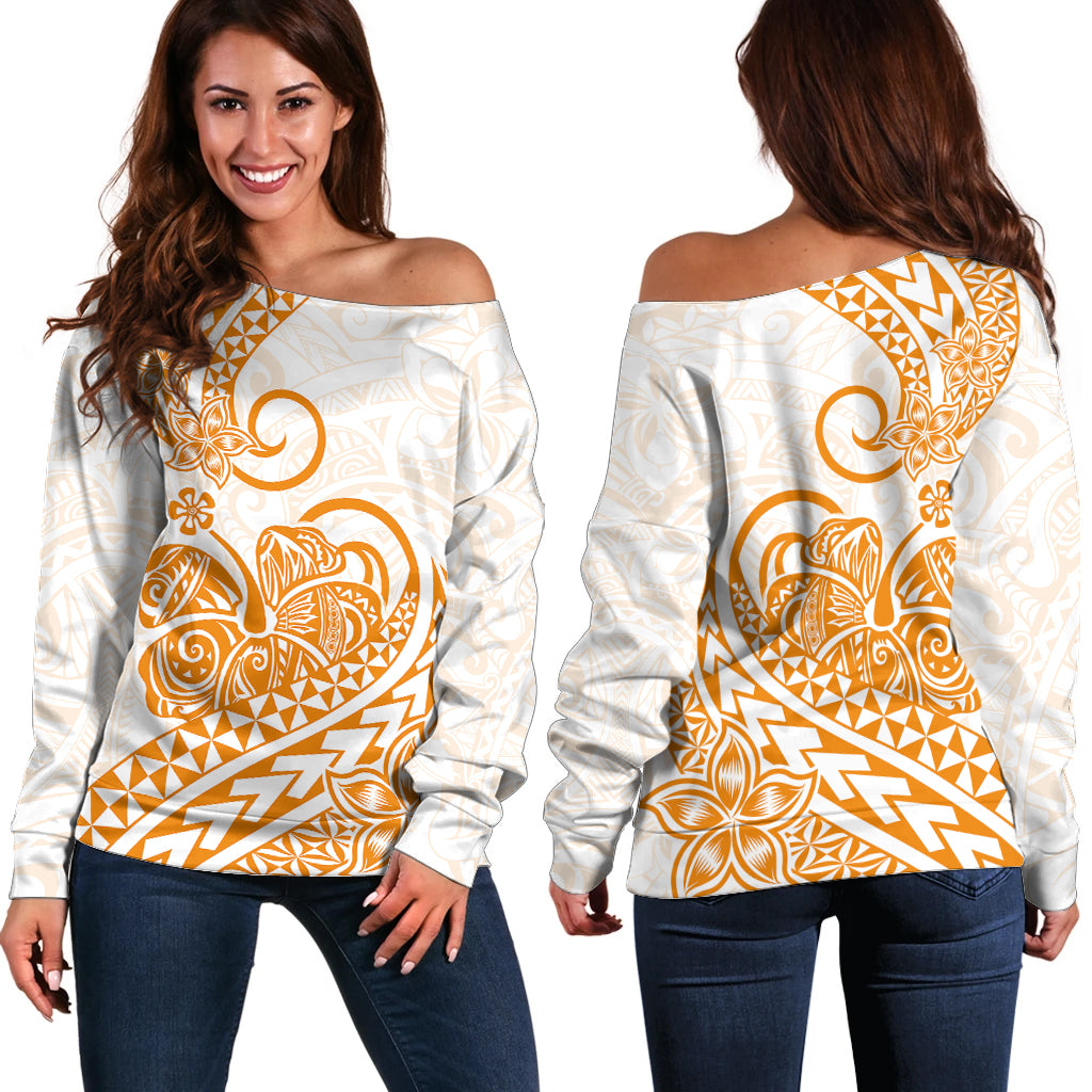 Polynesian Off Shoulder Sweater Tribal Tattoo Gold Screen Color LT9 Women Gold - Polynesian Pride