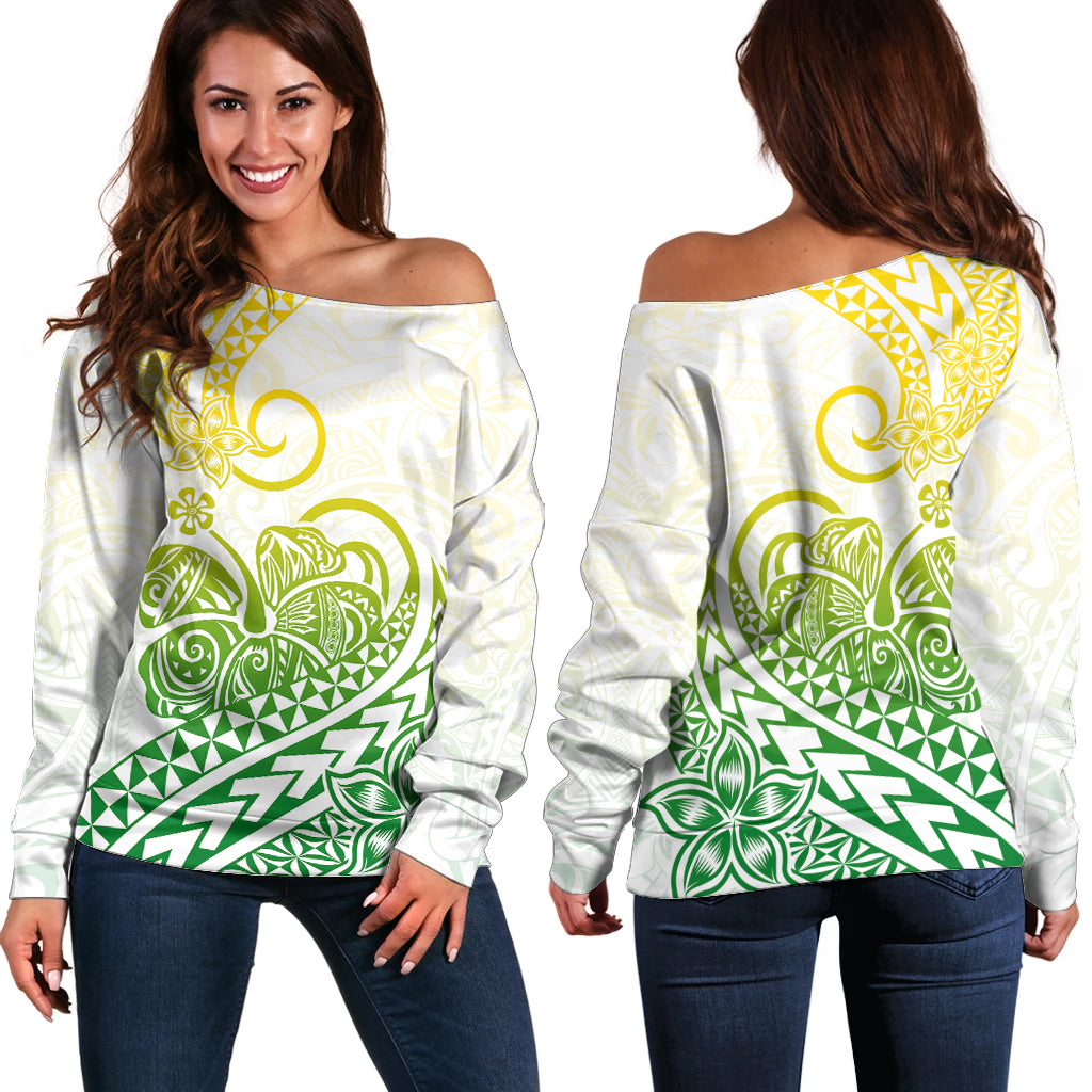 Polynesian Off Shoulder Sweater Tribal Tattoo Gradient 01 Screen Color LT9 Women Gradient - Polynesian Pride