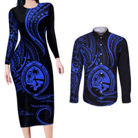 Polynesian Guam Coat of Arms Couples Matching Long Sleeve Bodycon Dress and Long Sleeve Button Shirt Polynesian Tribal Tattoo Blue Version LT9 Blue - Polynesian Pride