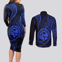 Polynesian Guam Coat of Arms Couples Matching Long Sleeve Bodycon Dress and Long Sleeve Button Shirt Polynesian Tribal Tattoo Blue Version LT9 - Polynesian Pride