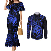 Polynesian Guam Coat of Arms Couples Matching Mermaid Dress and Long Sleeve Button Shirt Polynesian Tribal Tattoo Blue Version LT9 Blue - Polynesian Pride