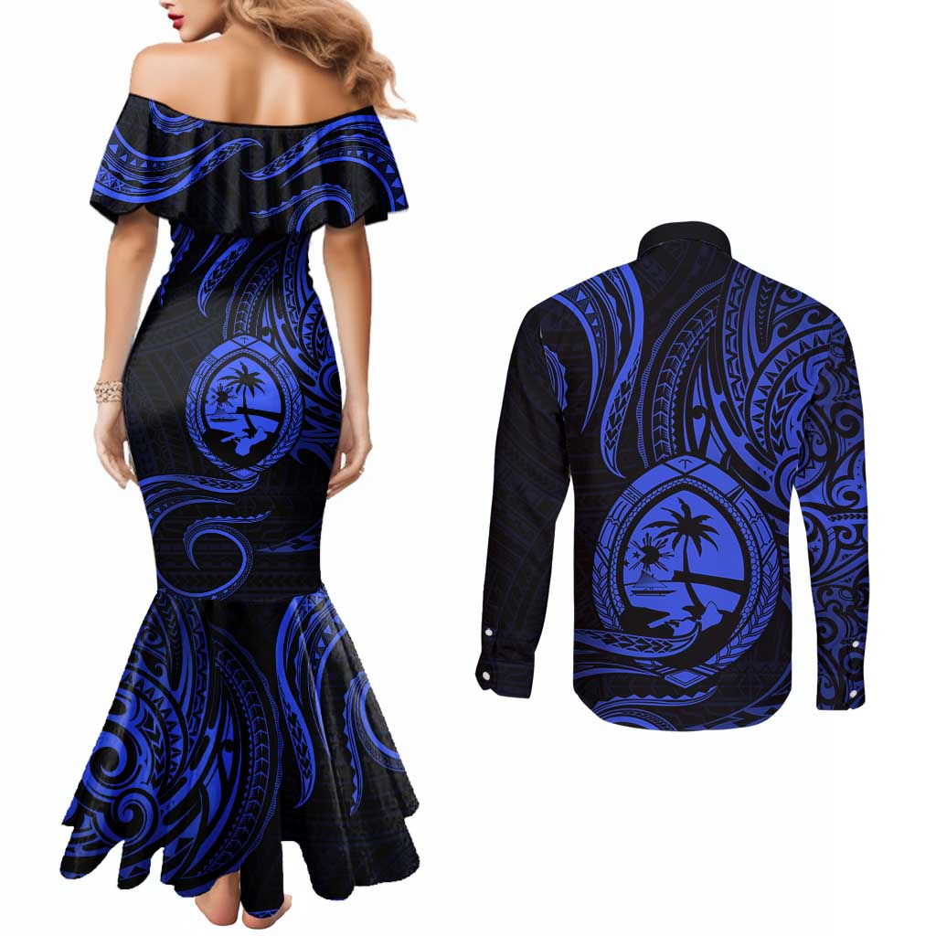 Polynesian Guam Coat of Arms Couples Matching Mermaid Dress and Long Sleeve Button Shirt Polynesian Tribal Tattoo Blue Version LT9 - Polynesian Pride