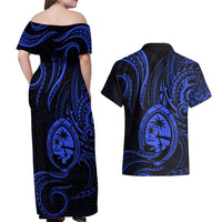 Polynesian Guam Coat of Arms Couples Matching Off Shoulder Maxi Dress and Hawaiian Shirt Polynesian Tribal Tattoo Blue Version LT9 - Polynesian Pride