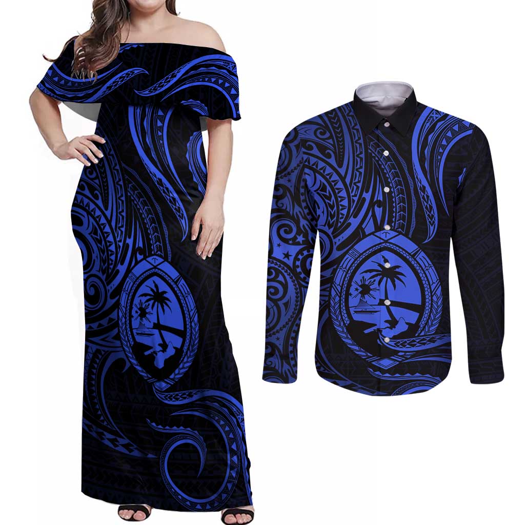 Polynesian Guam Coat of Arms Couples Matching Off Shoulder Maxi Dress and Long Sleeve Button Shirt Polynesian Tribal Tattoo Blue Version LT9 Blue - Polynesian Pride
