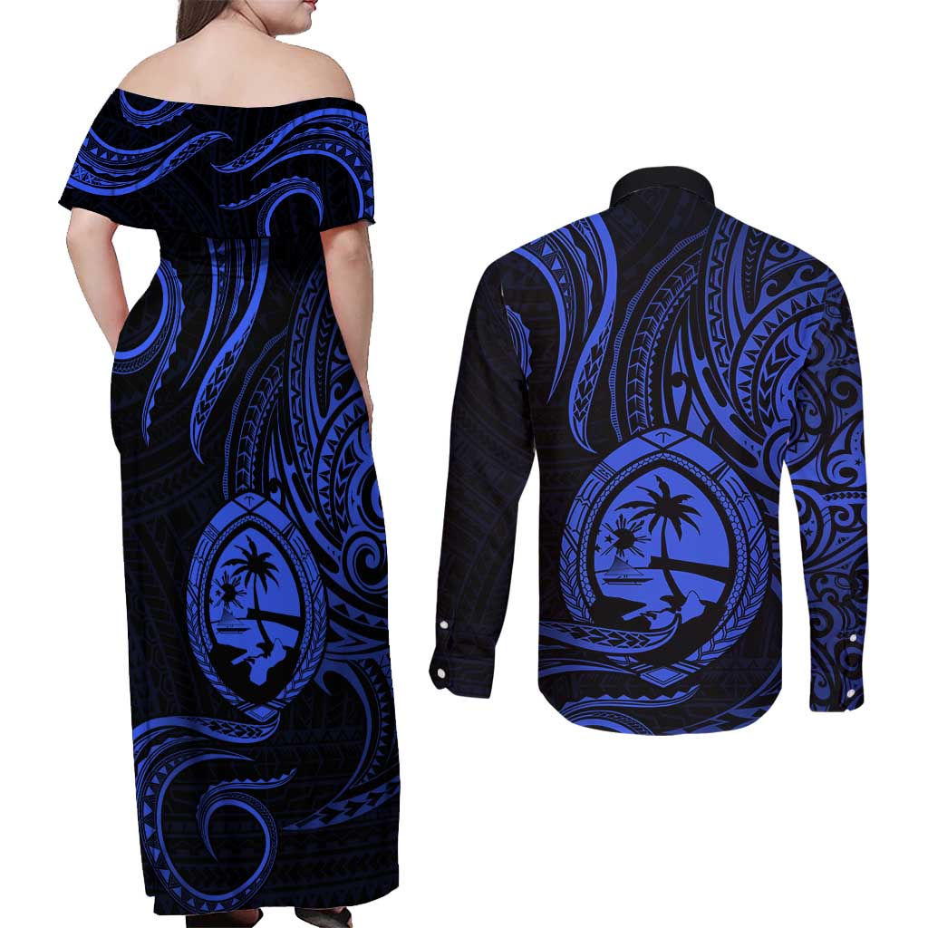 Polynesian Guam Coat of Arms Couples Matching Off Shoulder Maxi Dress and Long Sleeve Button Shirt Polynesian Tribal Tattoo Blue Version LT9 - Polynesian Pride