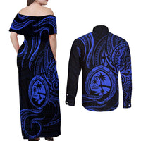 Polynesian Guam Coat of Arms Couples Matching Off Shoulder Maxi Dress and Long Sleeve Button Shirt Polynesian Tribal Tattoo Blue Version LT9 - Polynesian Pride