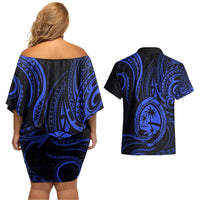 Polynesian Guam Coat of Arms Couples Matching Off Shoulder Short Dress and Hawaiian Shirt Polynesian Tribal Tattoo Blue Version LT9 - Polynesian Pride