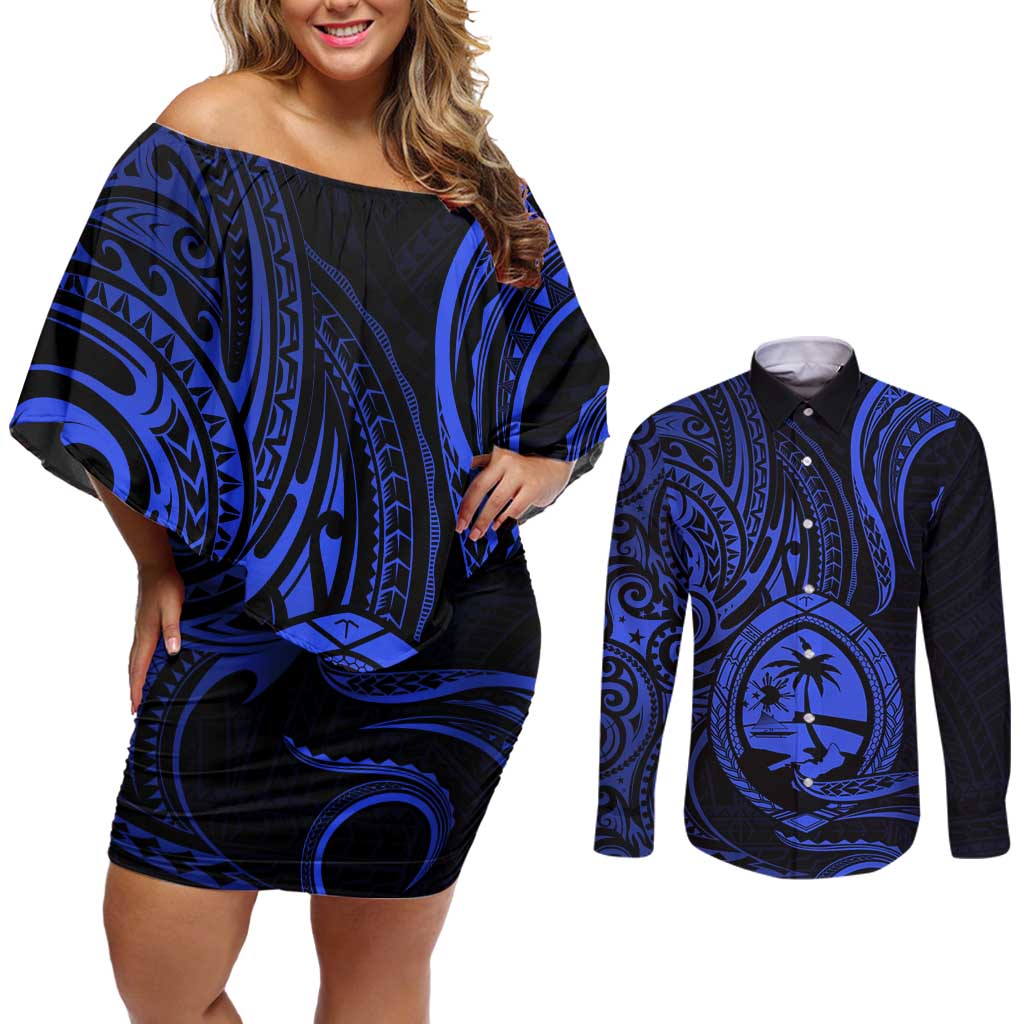 Polynesian Guam Coat of Arms Couples Matching Off Shoulder Short Dress and Long Sleeve Button Shirt Polynesian Tribal Tattoo Blue Version LT9 Blue - Polynesian Pride