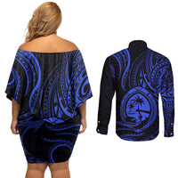 Polynesian Guam Coat of Arms Couples Matching Off Shoulder Short Dress and Long Sleeve Button Shirt Polynesian Tribal Tattoo Blue Version LT9 - Polynesian Pride