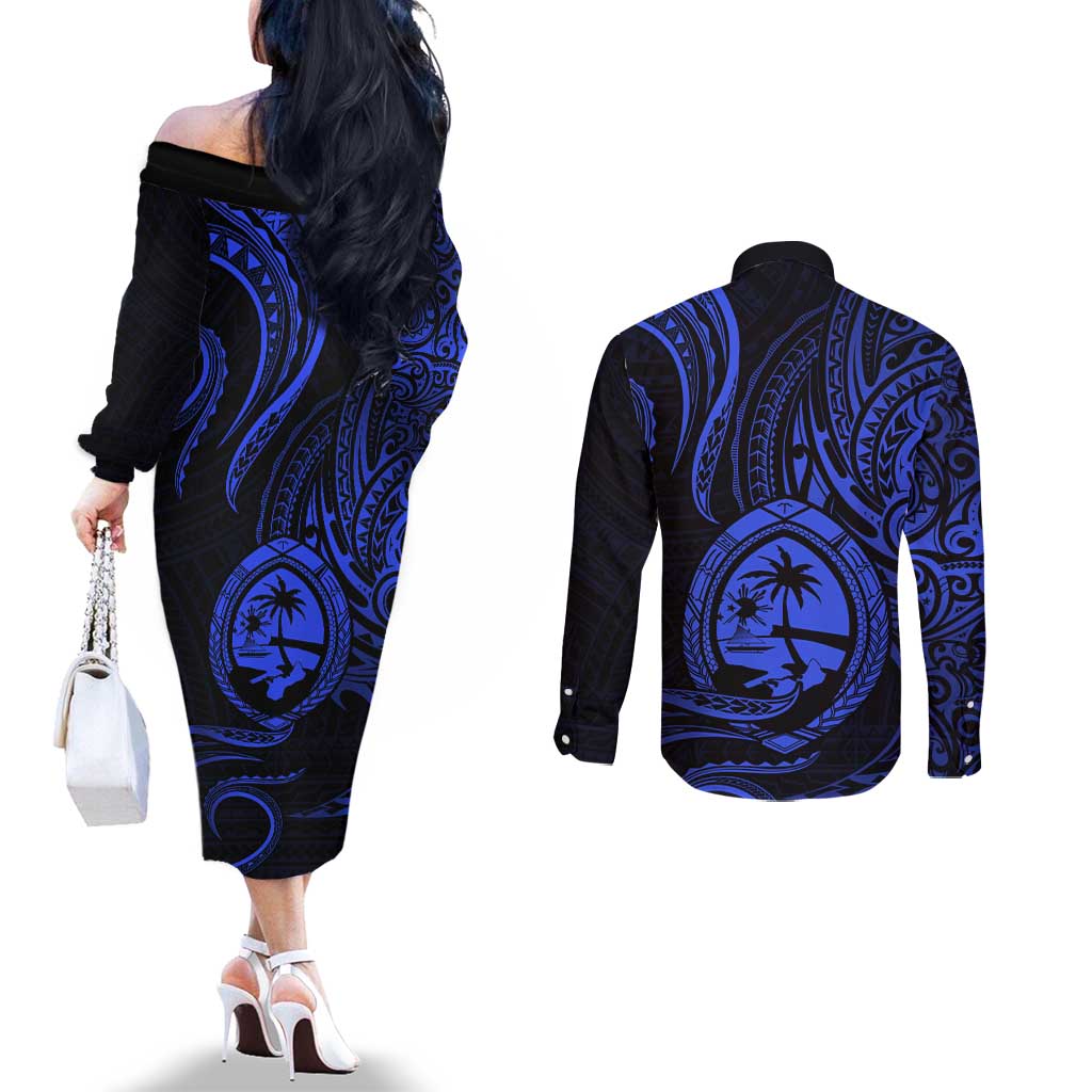 Polynesian Guam Coat of Arms Couples Matching Off The Shoulder Long Sleeve Dress and Long Sleeve Button Shirt Polynesian Tribal Tattoo Blue Version LT9 - Polynesian Pride