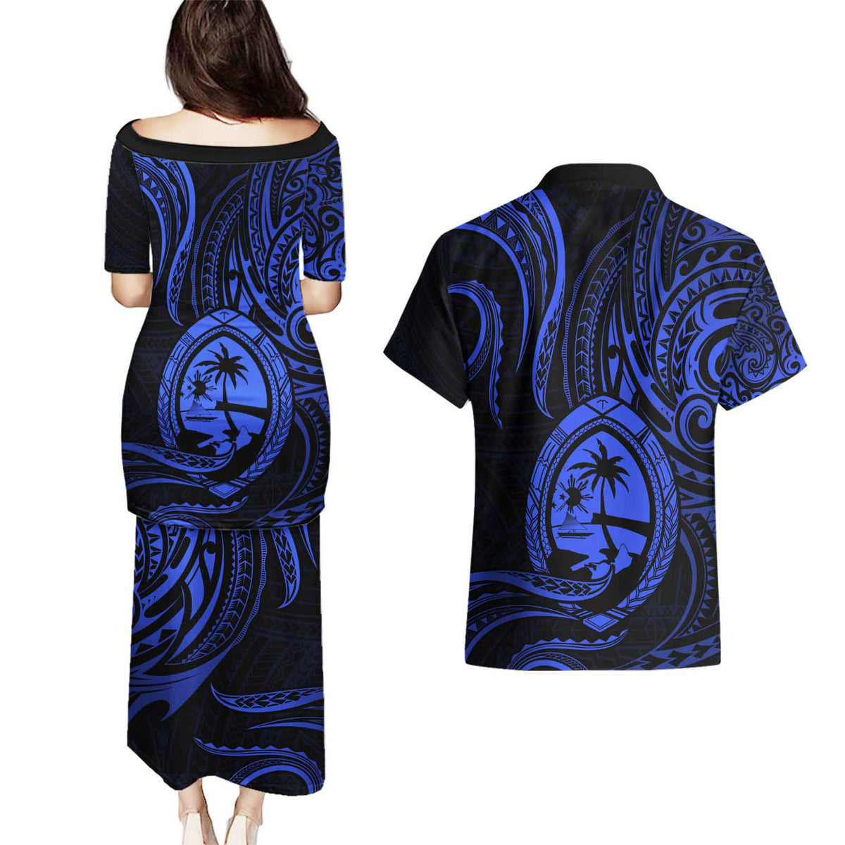 Polynesian Guam Coat of Arms Couples Matching Puletasi and Hawaiian Shirt Polynesian Tribal Tattoo Blue Version LT9 - Polynesian Pride