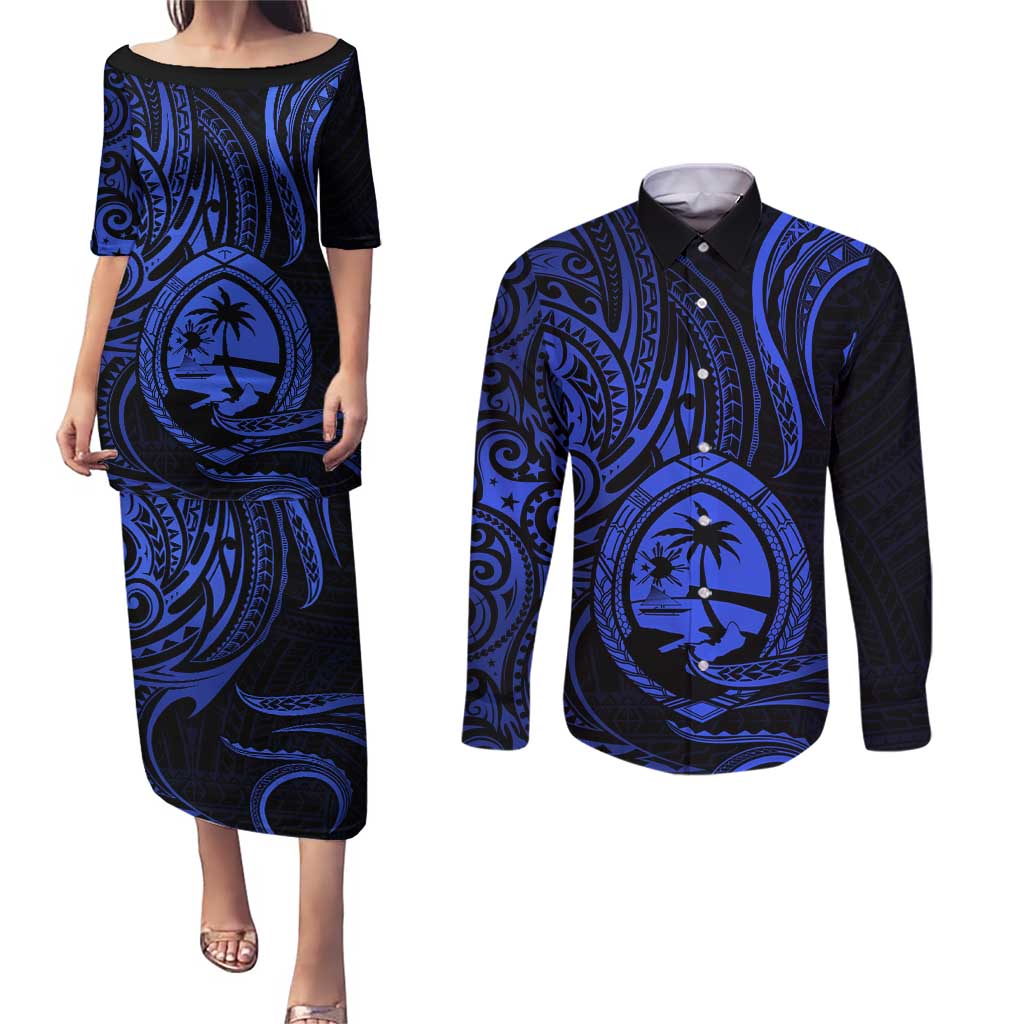 Polynesian Guam Coat of Arms Couples Matching Puletasi and Long Sleeve Button Shirt Polynesian Tribal Tattoo Blue Version LT9 Blue - Polynesian Pride