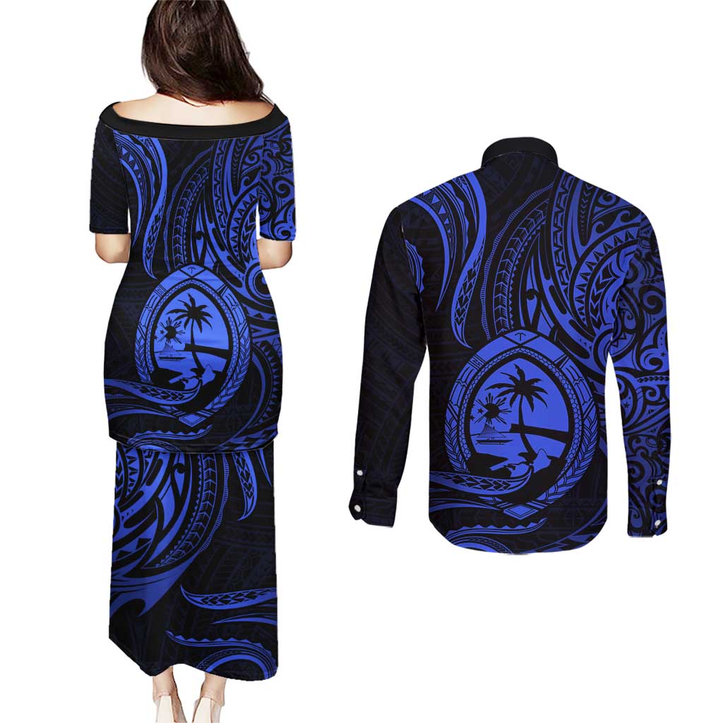 Polynesian Guam Coat of Arms Couples Matching Puletasi and Long Sleeve Button Shirt Polynesian Tribal Tattoo Blue Version LT9 - Polynesian Pride