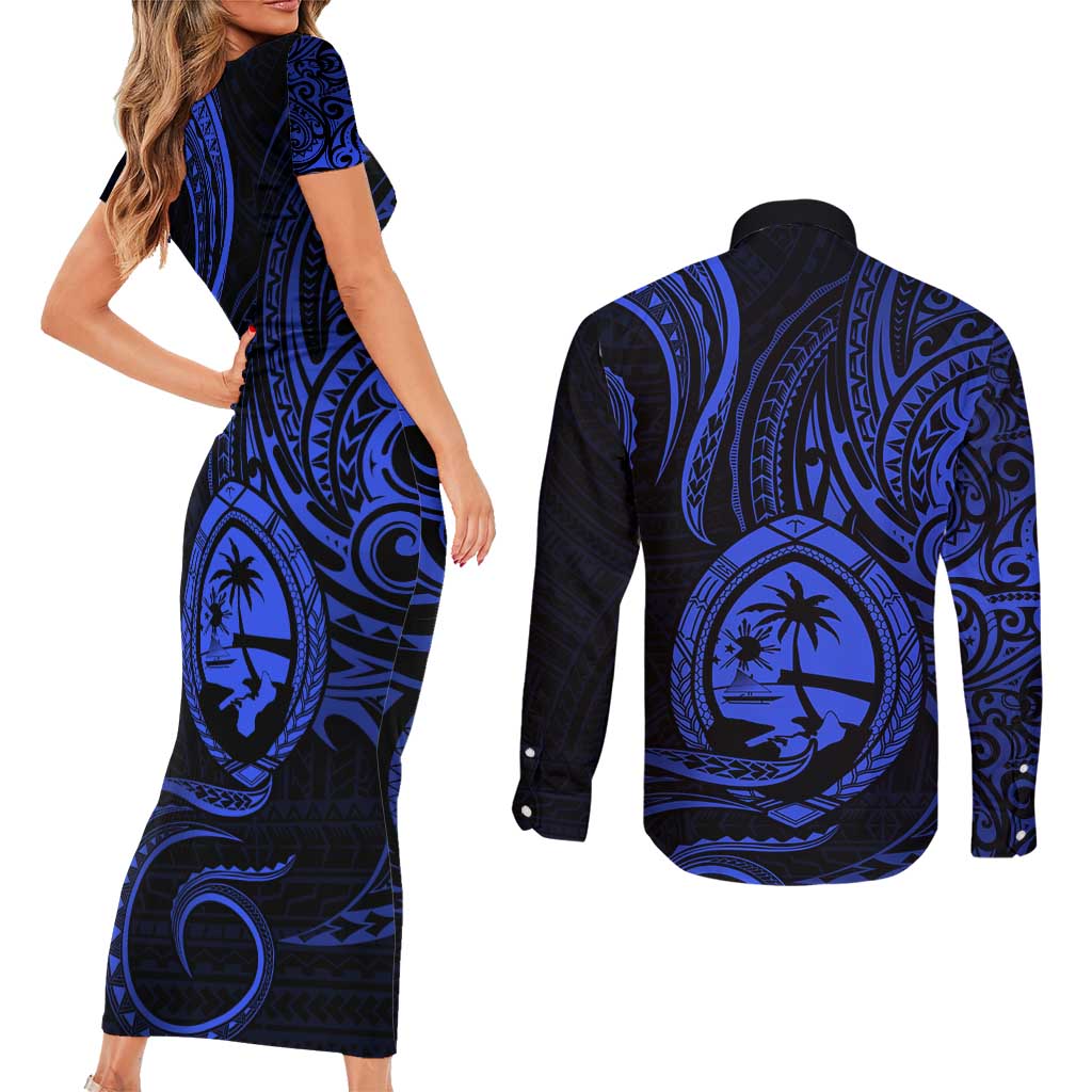Polynesian Guam Coat of Arms Couples Matching Short Sleeve Bodycon Dress and Long Sleeve Button Shirt Polynesian Tribal Tattoo Blue Version LT9 - Polynesian Pride