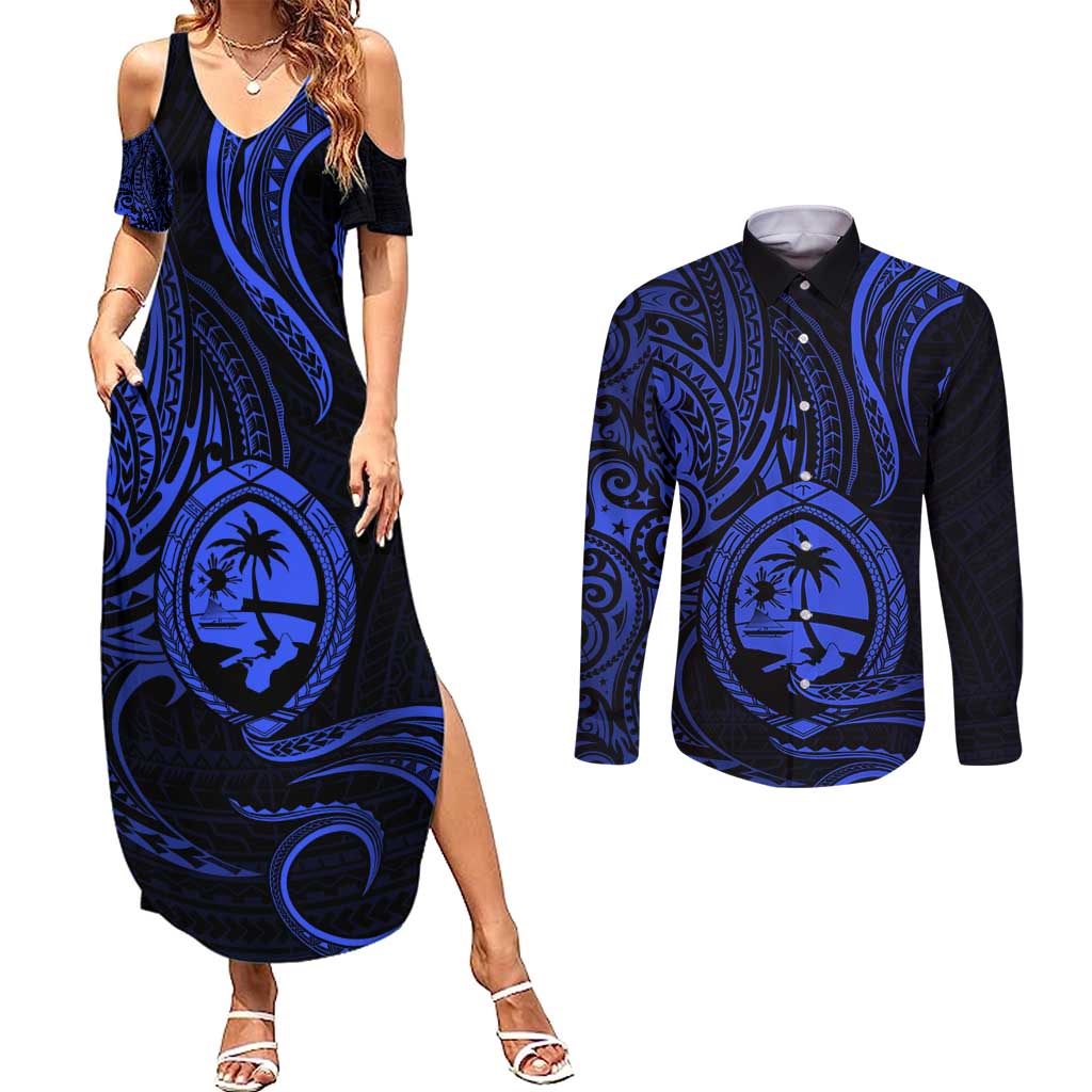 Polynesian Guam Coat of Arms Couples Matching Summer Maxi Dress and Long Sleeve Button Shirt Polynesian Tribal Tattoo Blue Version LT9 Blue - Polynesian Pride