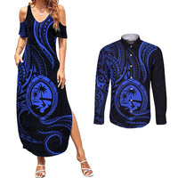 Polynesian Guam Coat of Arms Couples Matching Summer Maxi Dress and Long Sleeve Button Shirt Polynesian Tribal Tattoo Blue Version LT9 Blue - Polynesian Pride