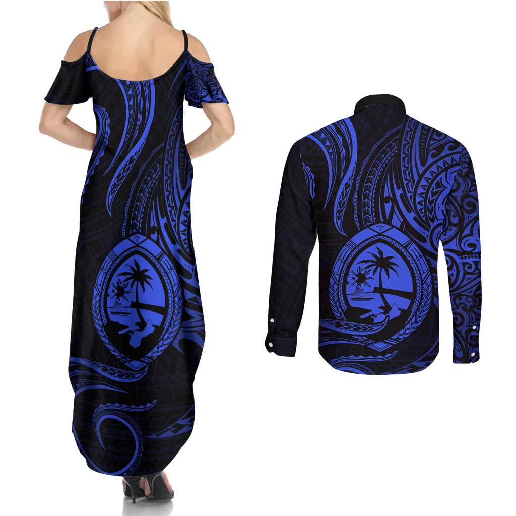 Polynesian Guam Coat of Arms Couples Matching Summer Maxi Dress and Long Sleeve Button Shirt Polynesian Tribal Tattoo Blue Version LT9 - Polynesian Pride