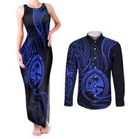 Polynesian Guam Coat of Arms Couples Matching Tank Maxi Dress and Long Sleeve Button Shirt Polynesian Tribal Tattoo Blue Version LT9 Blue - Polynesian Pride