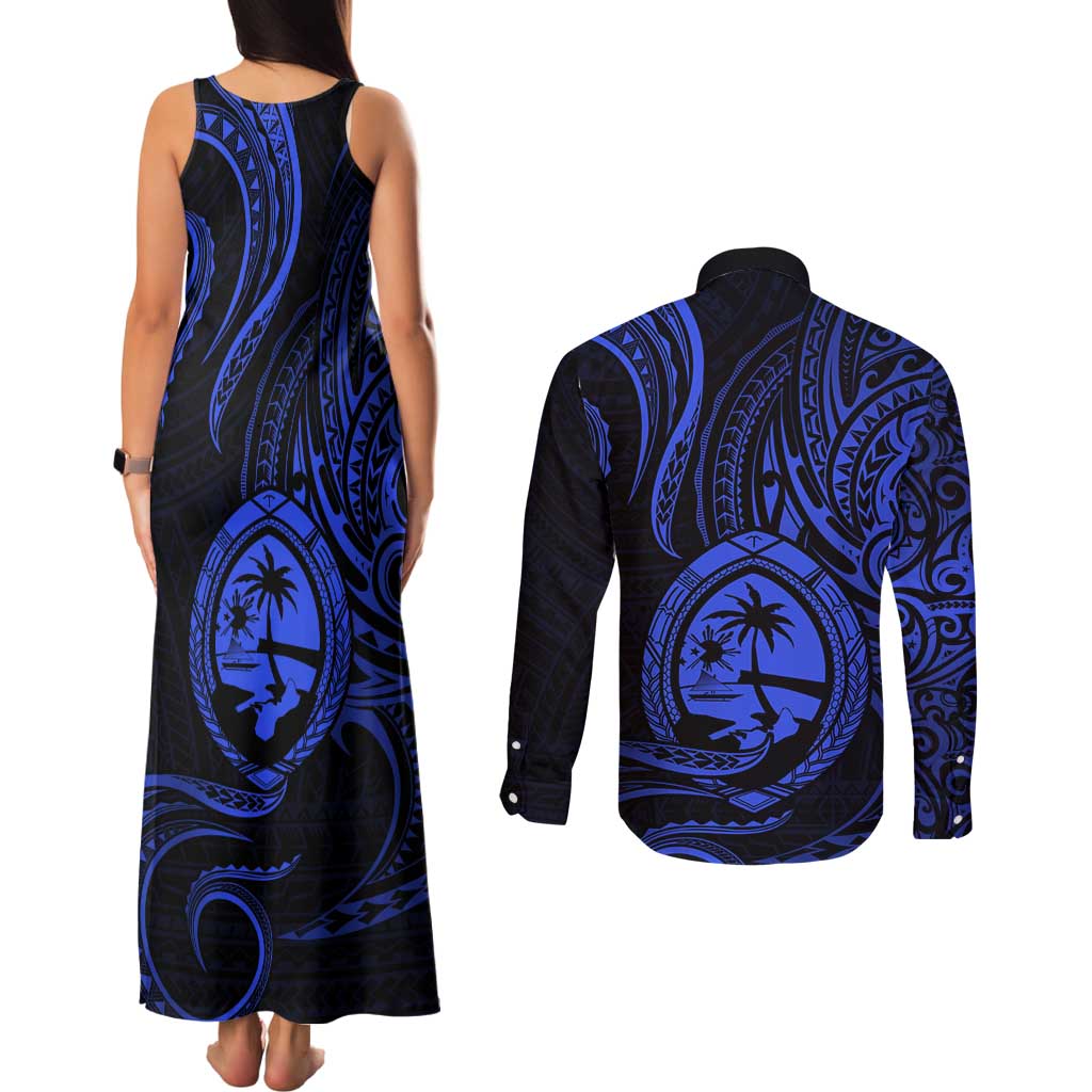 Polynesian Guam Coat of Arms Couples Matching Tank Maxi Dress and Long Sleeve Button Shirt Polynesian Tribal Tattoo Blue Version LT9 - Polynesian Pride