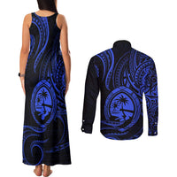 Polynesian Guam Coat of Arms Couples Matching Tank Maxi Dress and Long Sleeve Button Shirt Polynesian Tribal Tattoo Blue Version LT9 - Polynesian Pride