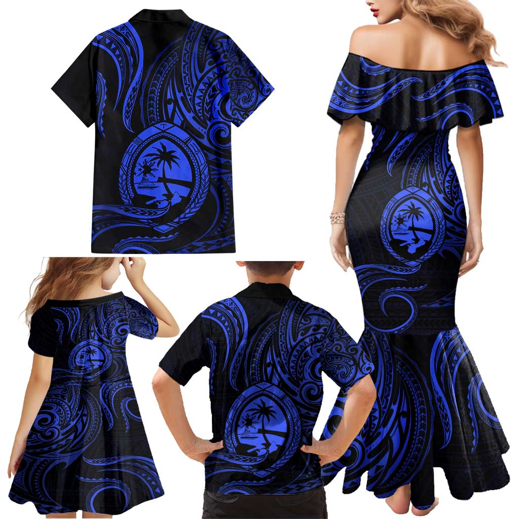 Polynesian Guam Coat of Arms Family Matching Mermaid Dress and Hawaiian Shirt Polynesian Tribal Tattoo Blue Version LT9 - Polynesian Pride