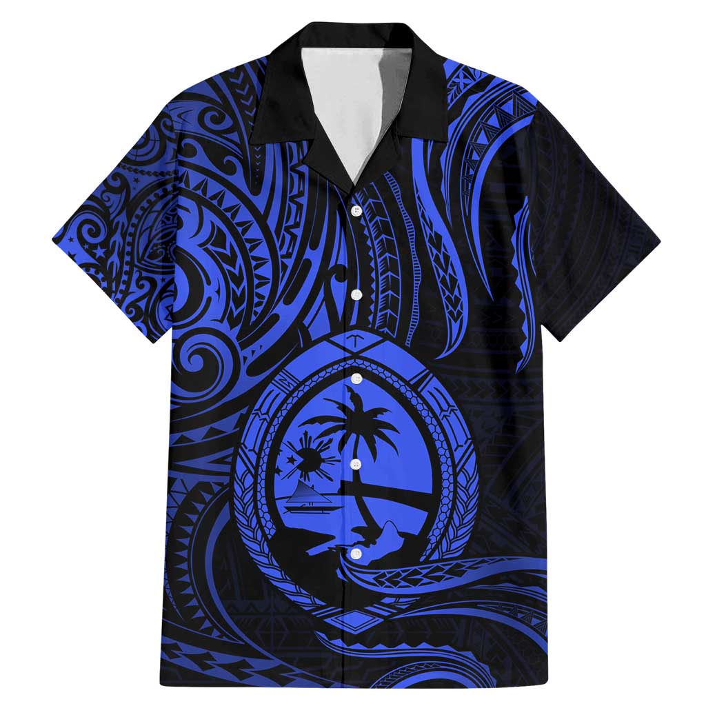 Polynesian Guam Coat of Arms Family Matching Mermaid Dress and Hawaiian Shirt Polynesian Tribal Tattoo Blue Version LT9 Dad's Shirt - Short Sleeve Blue - Polynesian Pride