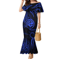Polynesian Guam Coat of Arms Family Matching Mermaid Dress and Hawaiian Shirt Polynesian Tribal Tattoo Blue Version LT9 Mom's Dress Blue - Polynesian Pride