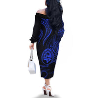 Polynesian Guam Coat of Arms Family Matching Off The Shoulder Long Sleeve Dress and Hawaiian Shirt Polynesian Tribal Tattoo Blue Version LT9 - Polynesian Pride
