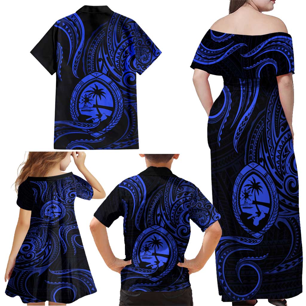 Polynesian Guam Coat of Arms Family Matching Off Shoulder Maxi Dress and Hawaiian Shirt Polynesian Tribal Tattoo Blue Version LT9 - Polynesian Pride