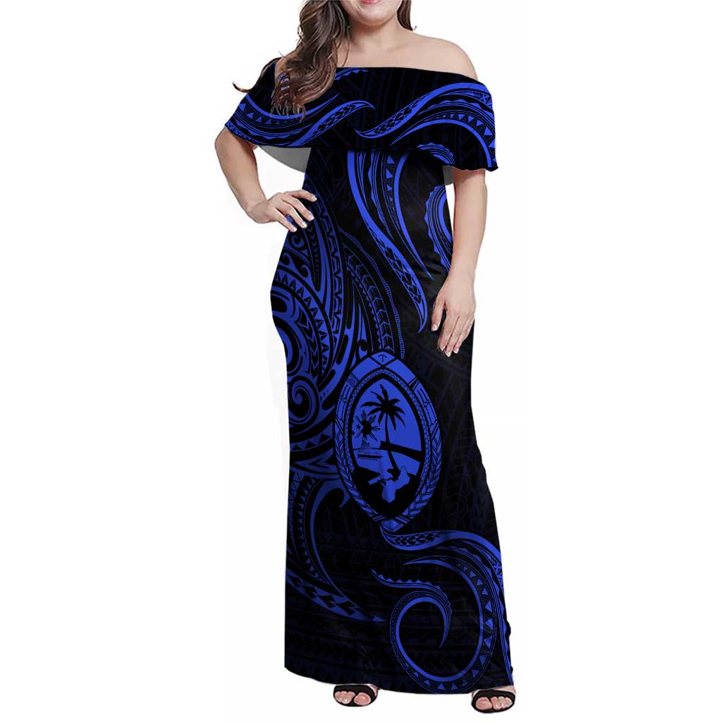 Polynesian Guam Coat of Arms Family Matching Off Shoulder Maxi Dress and Hawaiian Shirt Polynesian Tribal Tattoo Blue Version LT9 Mom's Dress Blue - Polynesian Pride