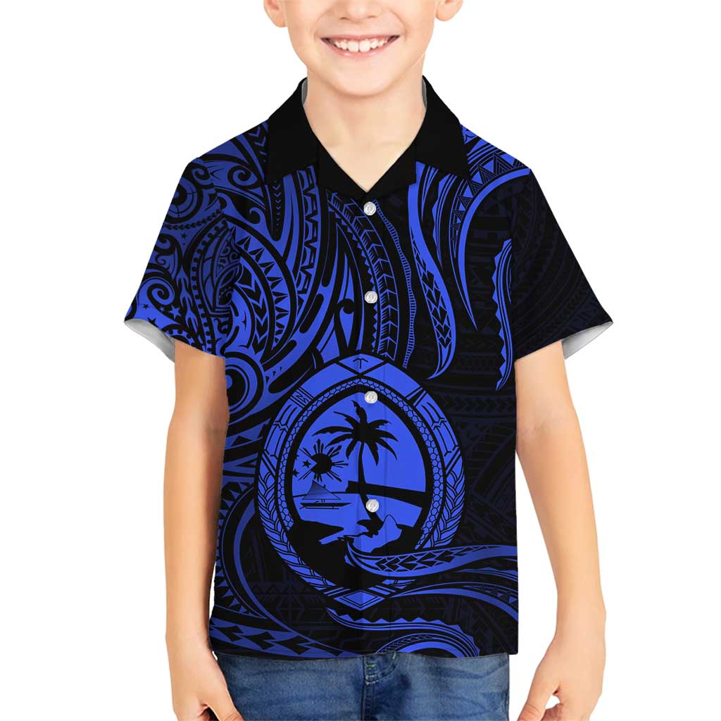 Polynesian Guam Coat of Arms Family Matching Off Shoulder Maxi Dress and Hawaiian Shirt Polynesian Tribal Tattoo Blue Version LT9 Son's Shirt Blue - Polynesian Pride