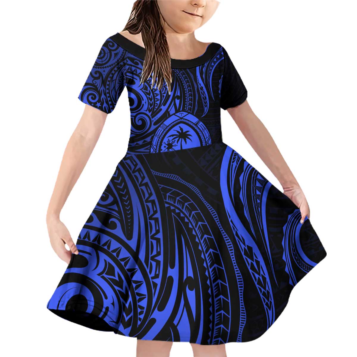 Polynesian Guam Coat of Arms Family Matching Off Shoulder Short Dress and Hawaiian Shirt Polynesian Tribal Tattoo Blue Version LT9 Daughter's Dress Blue - Polynesian Pride