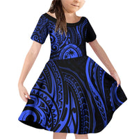 Polynesian Guam Coat of Arms Family Matching Off Shoulder Short Dress and Hawaiian Shirt Polynesian Tribal Tattoo Blue Version LT9 Daughter's Dress Blue - Polynesian Pride