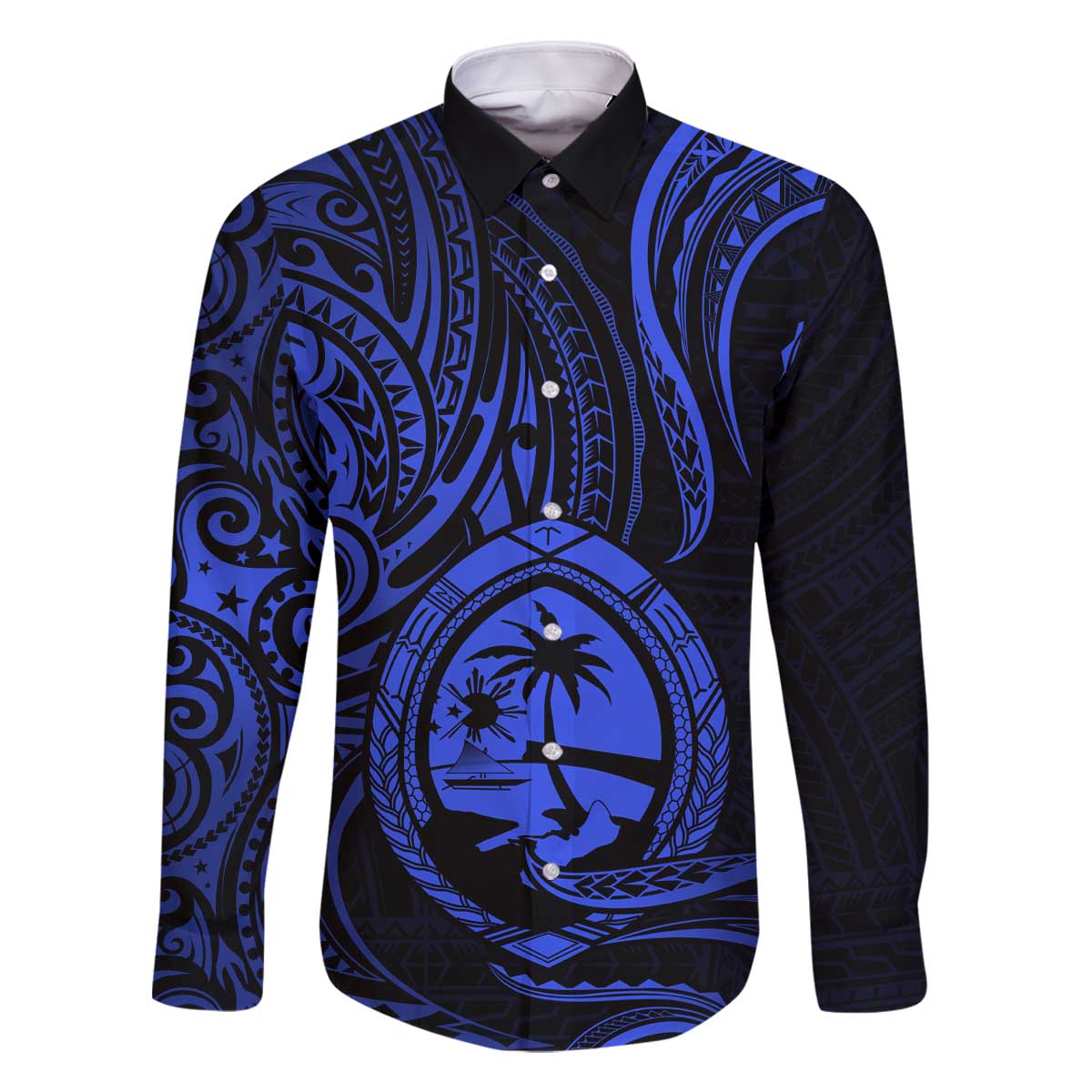 Polynesian Guam Coat of Arms Family Matching Off Shoulder Short Dress and Hawaiian Shirt Polynesian Tribal Tattoo Blue Version LT9 Dad's Shirt - Long Sleeve Blue - Polynesian Pride