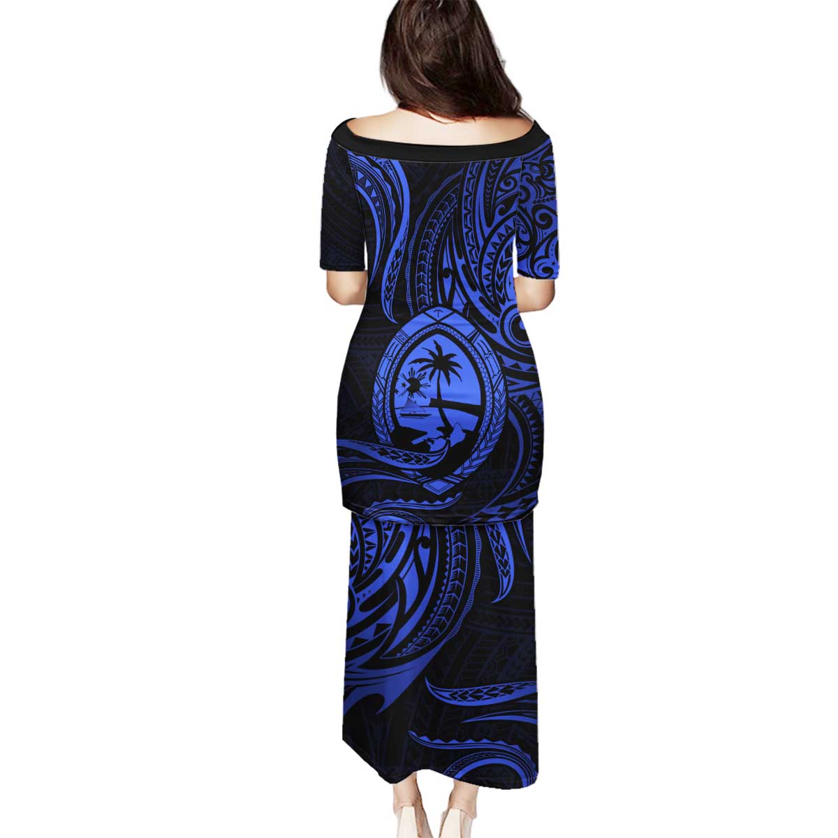 Polynesian Guam Coat of Arms Family Matching Puletasi and Hawaiian Shirt Polynesian Tribal Tattoo Blue Version LT9 - Polynesian Pride