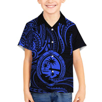 Polynesian Guam Coat of Arms Family Matching Puletasi and Hawaiian Shirt Polynesian Tribal Tattoo Blue Version LT9 Son's Shirt Blue - Polynesian Pride