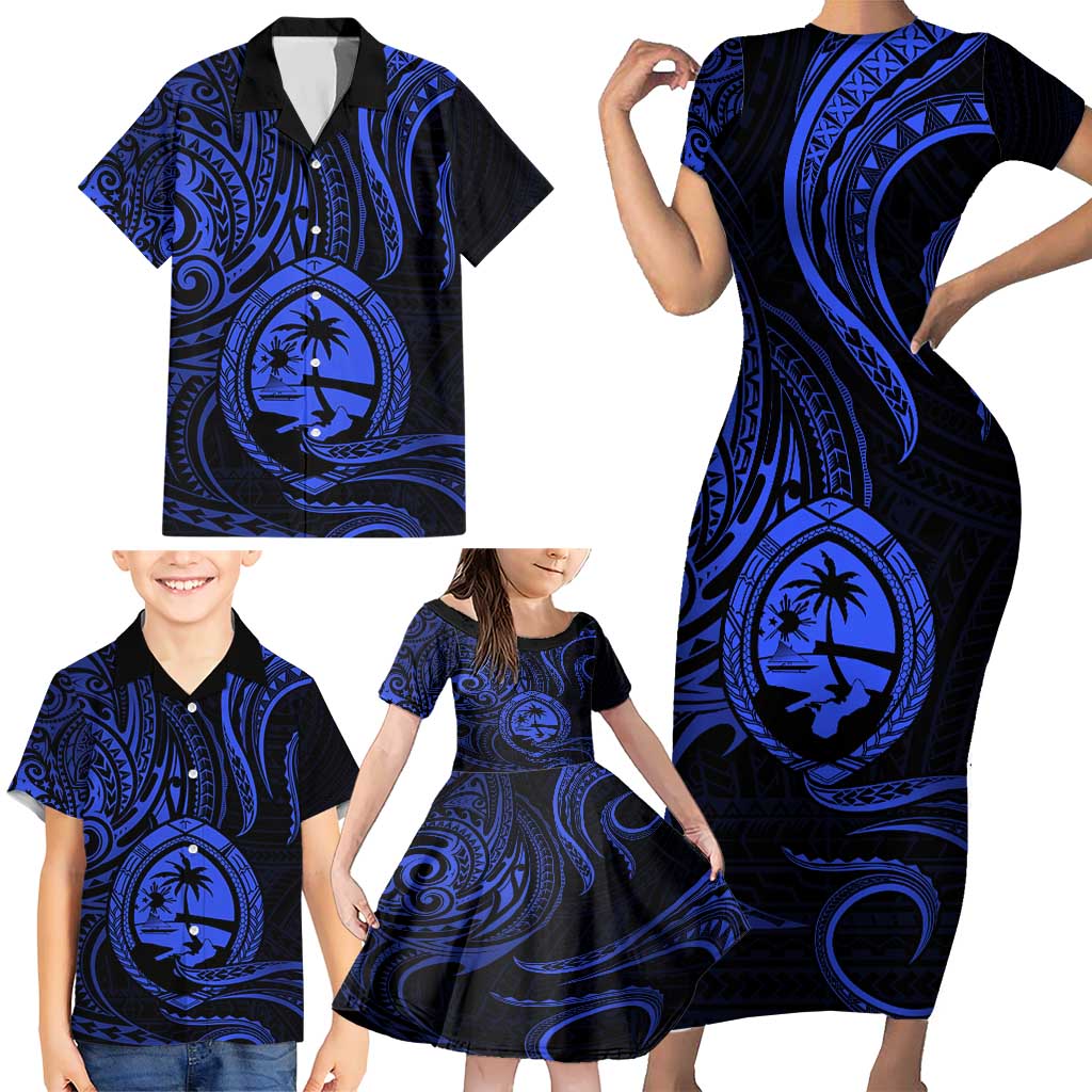 Polynesian Guam Coat of Arms Family Matching Short Sleeve Bodycon Dress and Hawaiian Shirt Polynesian Tribal Tattoo Blue Version LT9 - Polynesian Pride