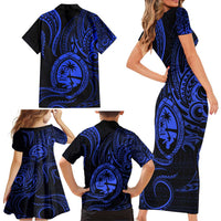 Polynesian Guam Coat of Arms Family Matching Short Sleeve Bodycon Dress and Hawaiian Shirt Polynesian Tribal Tattoo Blue Version LT9 - Polynesian Pride