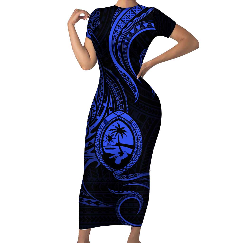 Polynesian Guam Coat of Arms Family Matching Short Sleeve Bodycon Dress and Hawaiian Shirt Polynesian Tribal Tattoo Blue Version LT9 Mom's Dress Blue - Polynesian Pride