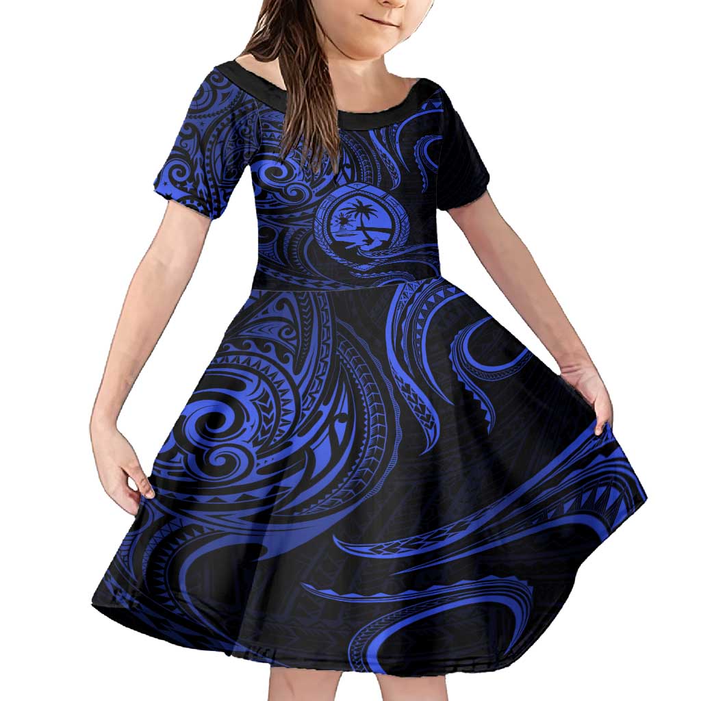 Polynesian Guam Coat of Arms Family Matching Summer Maxi Dress and Hawaiian Shirt Polynesian Tribal Tattoo Blue Version LT9 Daughter's Dress Blue - Polynesian Pride