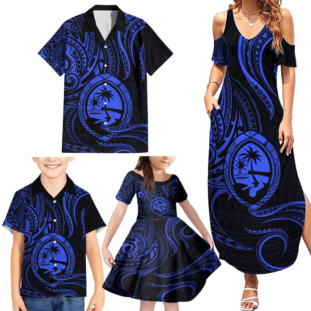 Polynesian Guam Coat of Arms Family Matching Summer Maxi Dress and Hawaiian Shirt Polynesian Tribal Tattoo Blue Version LT9 - Polynesian Pride