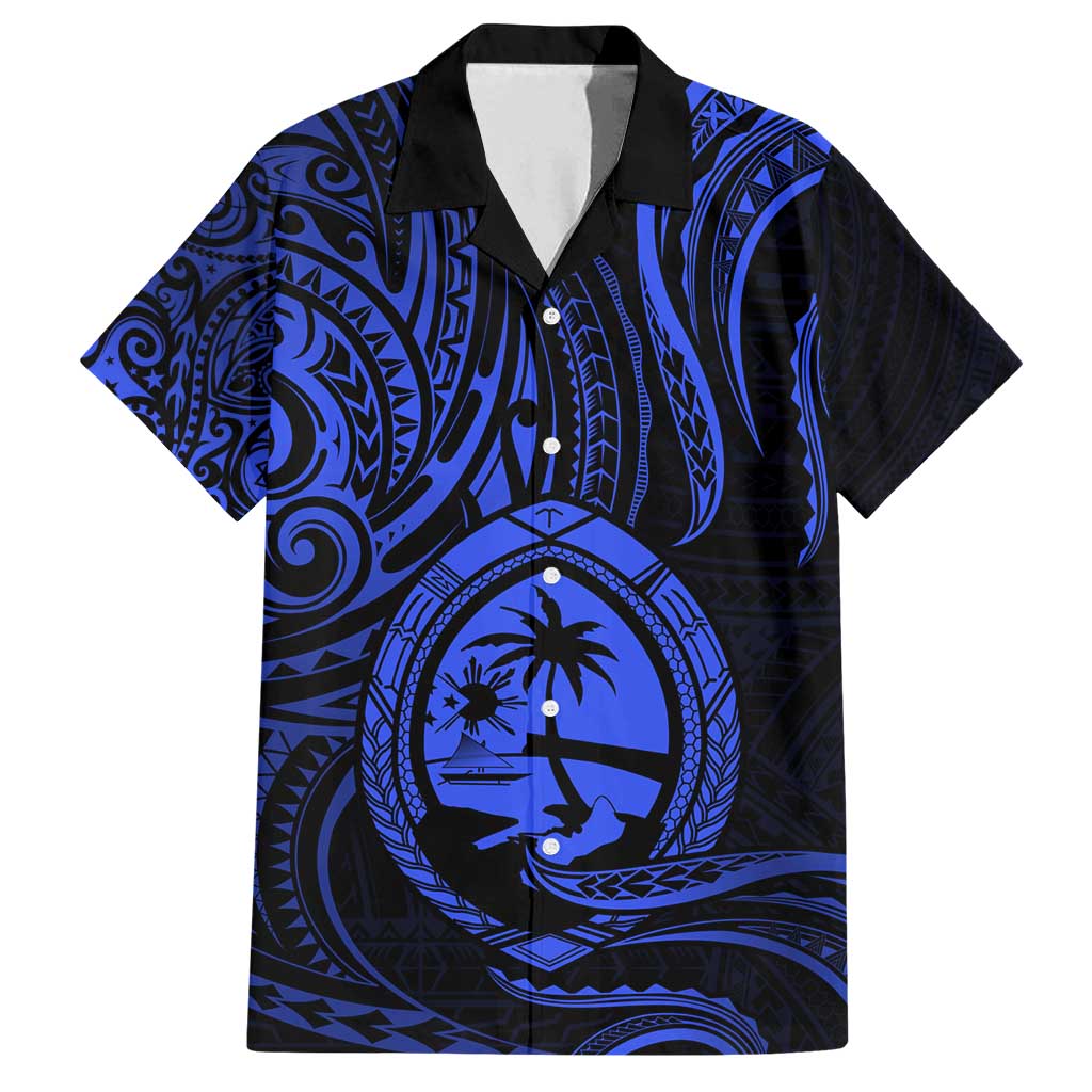 Polynesian Guam Coat of Arms Family Matching Summer Maxi Dress and Hawaiian Shirt Polynesian Tribal Tattoo Blue Version LT9 Dad's Shirt - Short Sleeve Blue - Polynesian Pride
