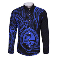 Polynesian Guam Coat of Arms Family Matching Tank Maxi Dress and Hawaiian Shirt Polynesian Tribal Tattoo Blue Version LT9 Dad's Shirt - Long Sleeve Blue - Polynesian Pride
