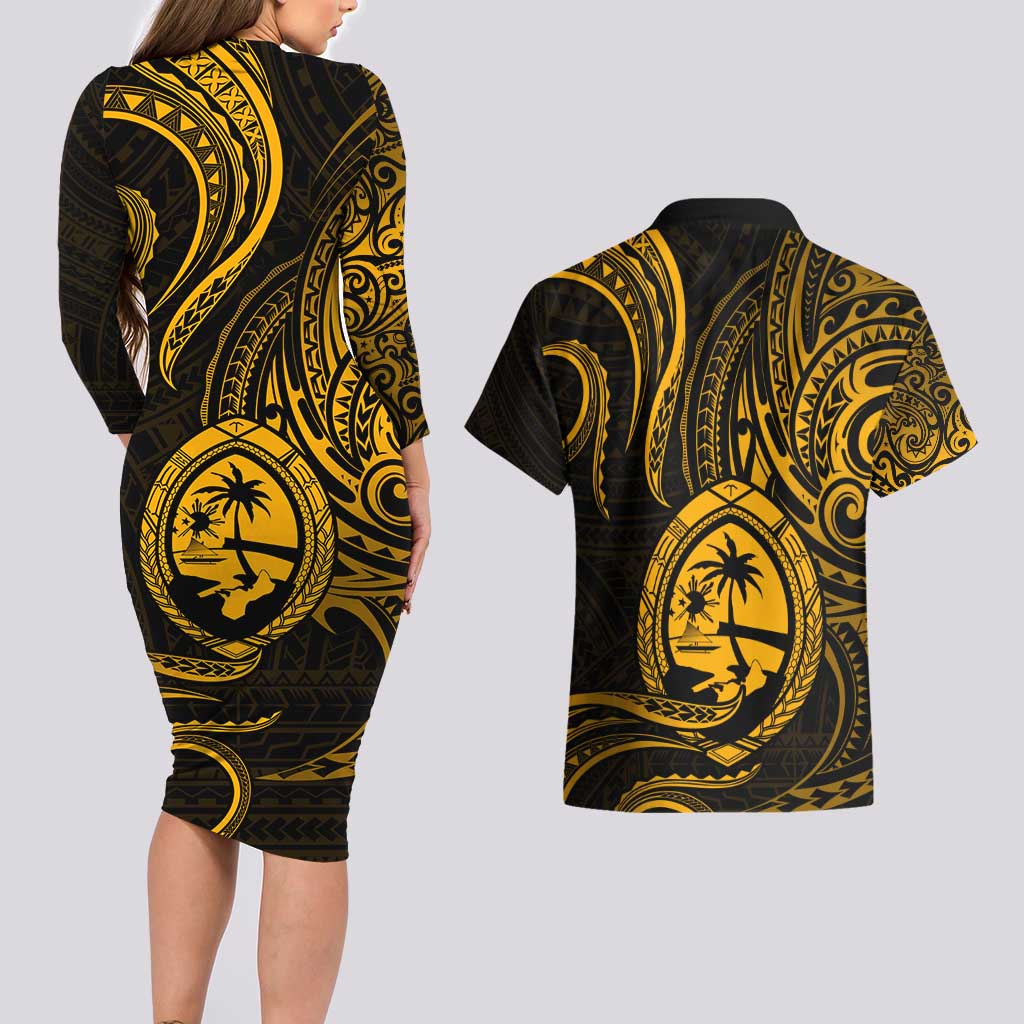 Polynesian Guam Coat of Arms Couples Matching Long Sleeve Bodycon Dress and Hawaiian Shirt Polynesian Tribal Tattoo Gold Version LT9 - Polynesian Pride