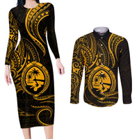 Polynesian Guam Coat of Arms Couples Matching Long Sleeve Bodycon Dress and Long Sleeve Button Shirt Polynesian Tribal Tattoo Gold Version LT9 Gold - Polynesian Pride